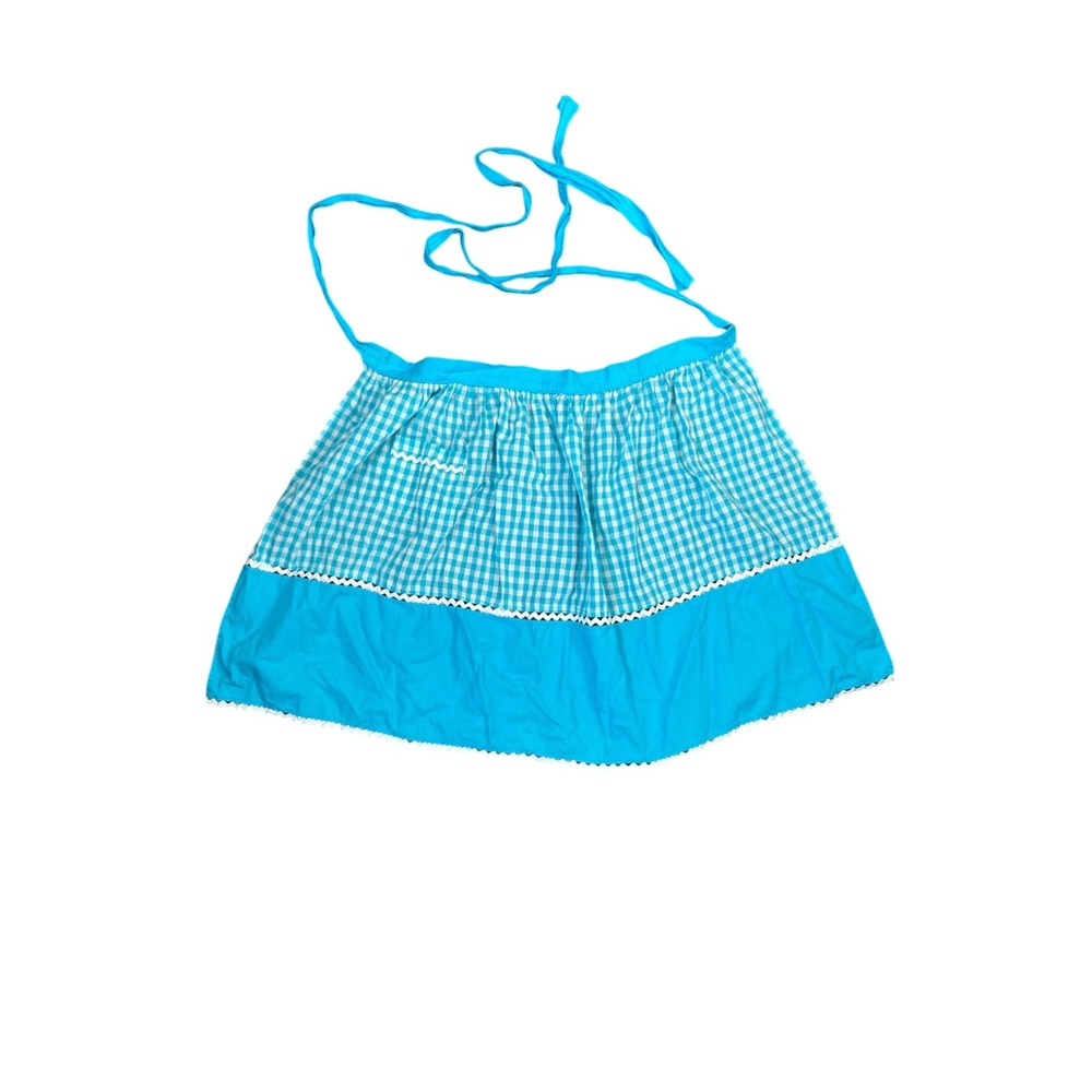 Vintage Blue Gingham Half Apron Rickrack Trim Front Pocket Retro Cottagecore